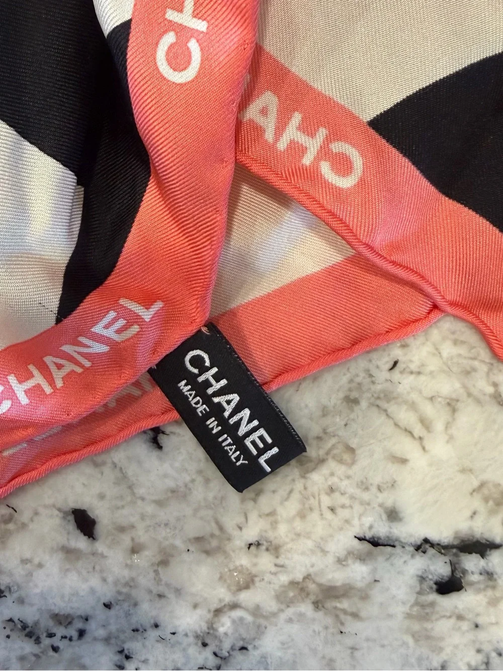 CHANEL Black, Cream & Coral Logo Scarf